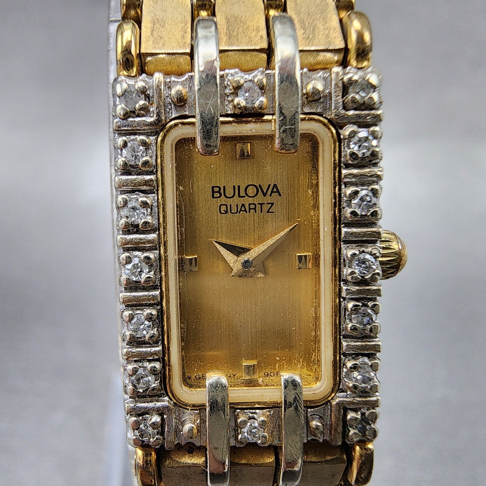 Bulova Tank Watch Women 14mm Gold Dial Gold Tone Diamond Bezel 90F26 New Battery1