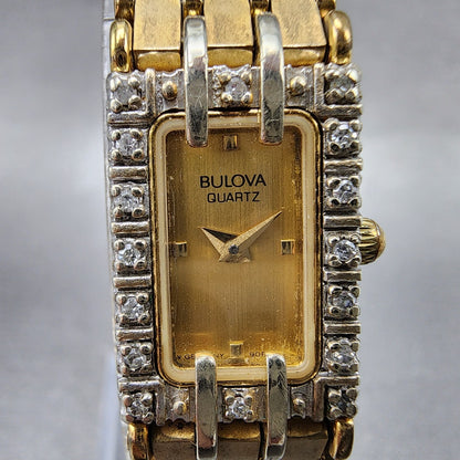 Bulova Tank Watch Women 14mm Gold Dial Gold Tone Diamond Bezel 90F26 New Battery1