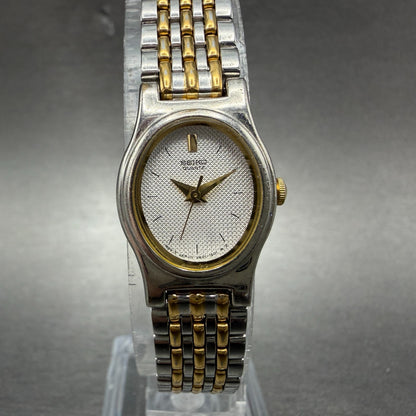 Seiko Watch Women 18mm White Dial Two Tone Oval V401-5228 New Battery Vintage AP0