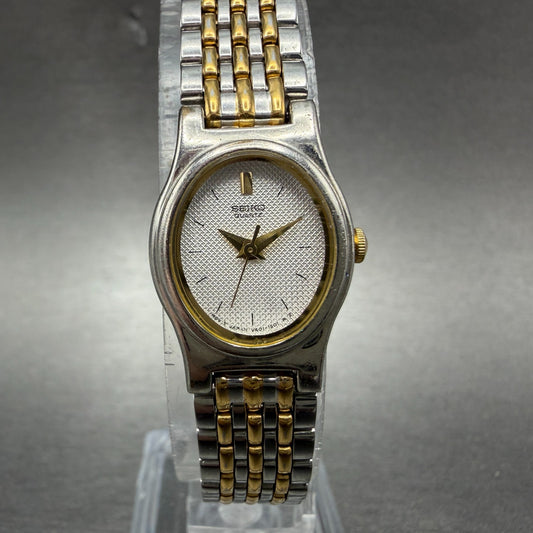 Seiko Watch Women 18mm White Dial Two Tone Oval V401-5228 New Battery Vintage AP0