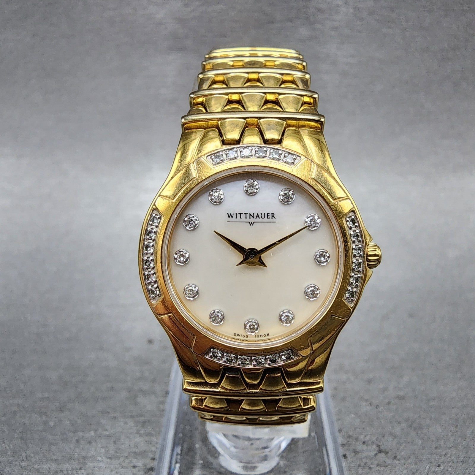 Wittnauer Watch Women 25mm MOP Dial Gold Tone Diamond Bezel Round New Battery0