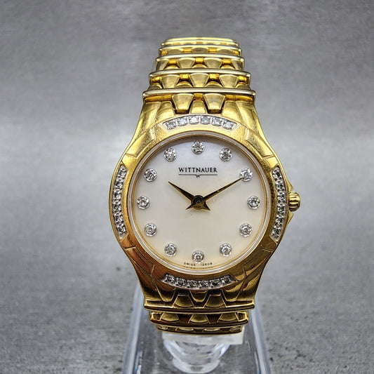 Wittnauer Watch Women 25mm MOP Dial Gold Tone Diamond Bezel Round New Battery0
