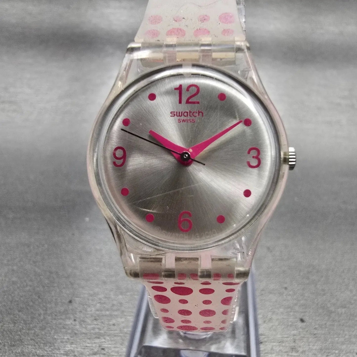 Swatch PINK SPOTS Watch Women Silver Dial Clear Case Round LK316 New Battery0