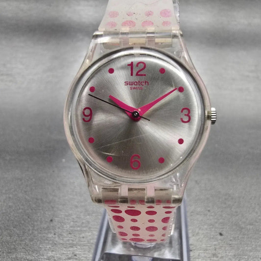 Swatch PINK SPOTS Watch Women Silver Dial Clear Case Round LK316 New Battery0