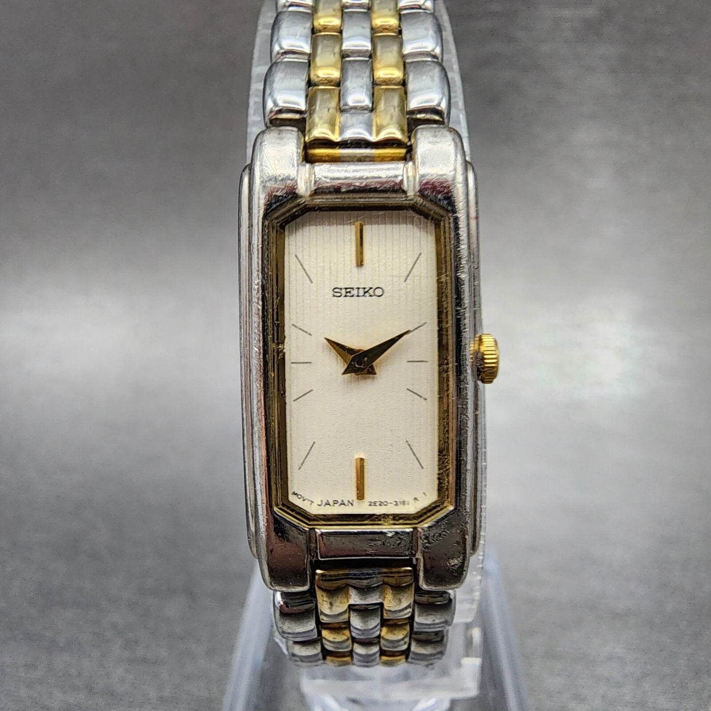 Seiko Tank Watch Women 14mm Cream Dial Two Tone Rectangle 2E207430 New Battery0