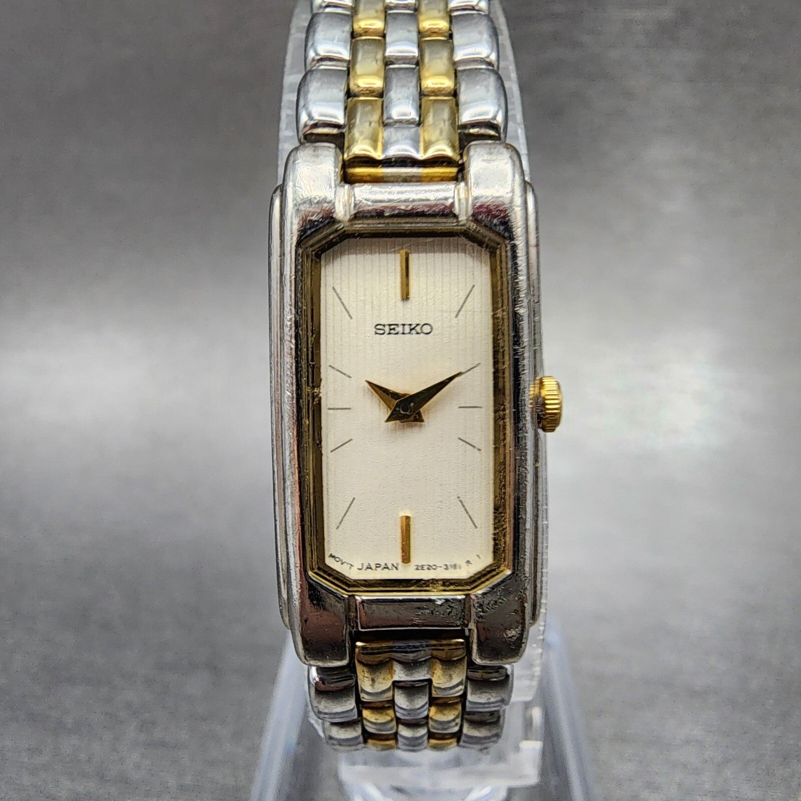 Seiko Tank Watch Women 14mm Cream Dial Two Tone Rectangle 2E207430 New Battery0