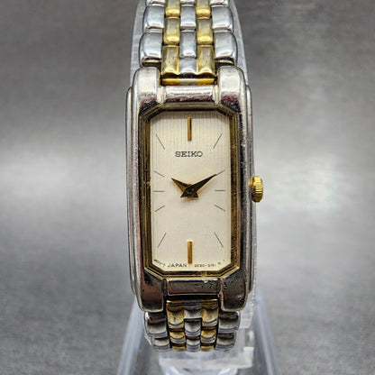 Seiko Tank Watch Women 14mm Cream Dial Two Tone Rectangle 2E207430 New Battery0