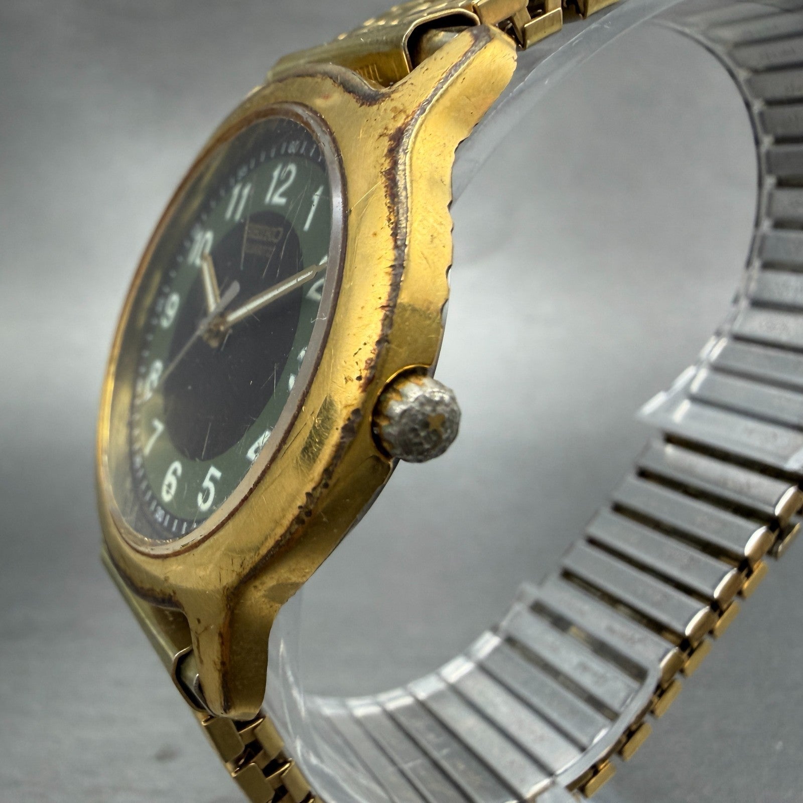 Seiko Watch Men 35mm Green & Brown Dial Gold Tone Round 7N01-6G39 New Battery2