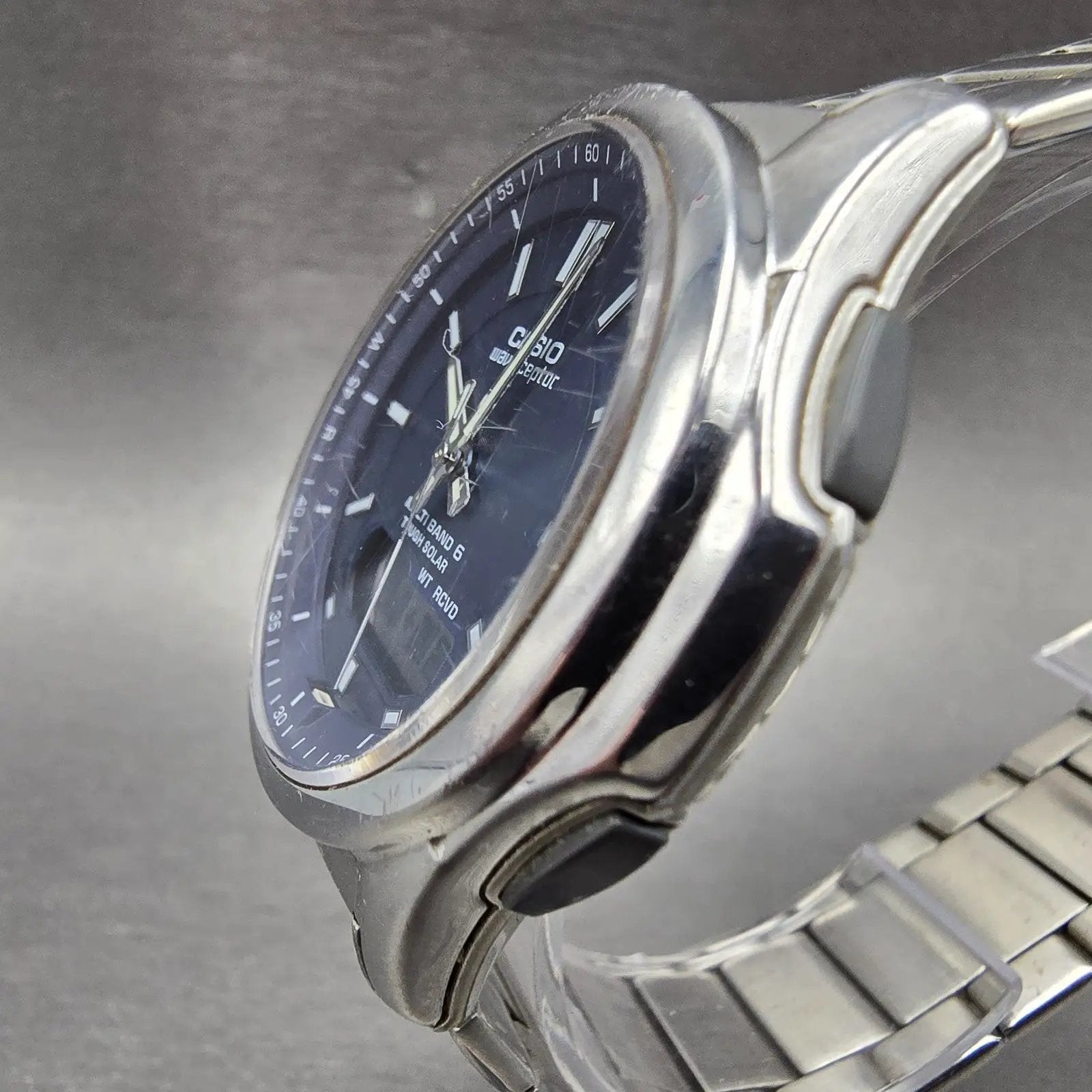 Casio Wave Ceptor Watch Men 42mm Blue Dial Steel Solar Alarm Daydate WVA-M6302