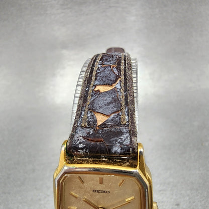 Seiko Tank Watch Women 20mm Champagne Dial Gold Tone 2p21-5220 New Battery