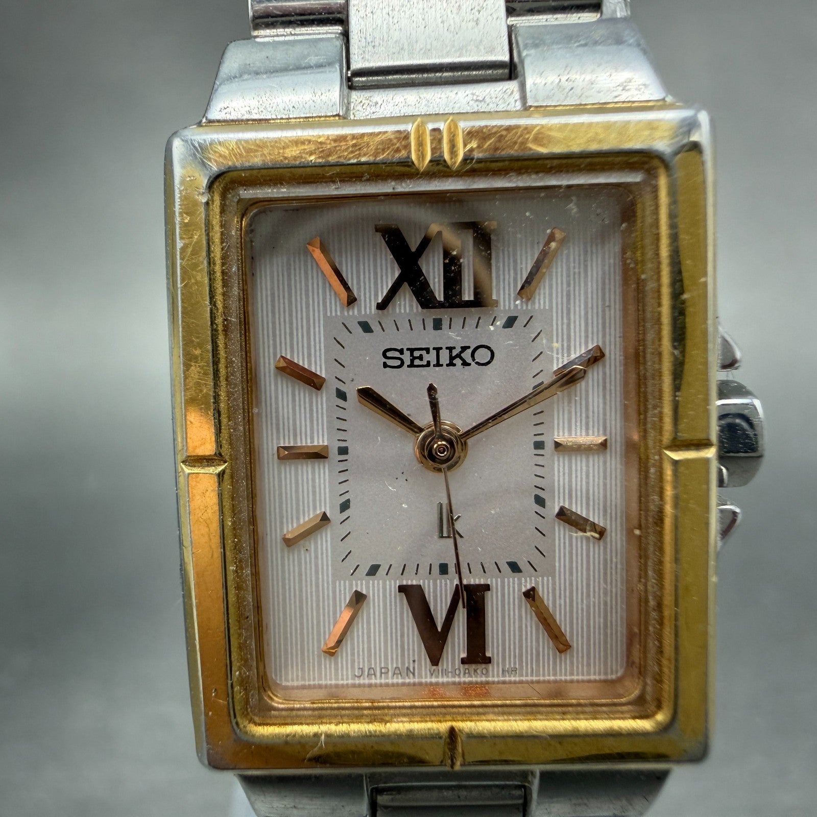 Seiko Solar Tank Watch Women 18mm White Dial Two Tone Rectangle Lukia Runs JN71