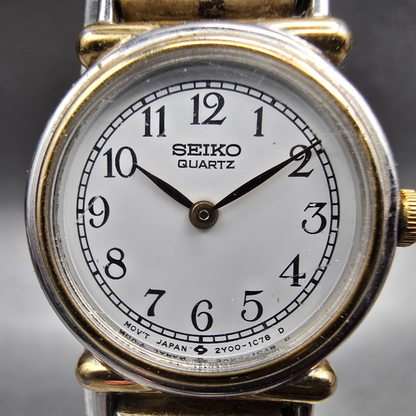 Seiko Watch Women 19mm White Dial Two Tone Round 2Y00-0B19 New Battery Vintage1