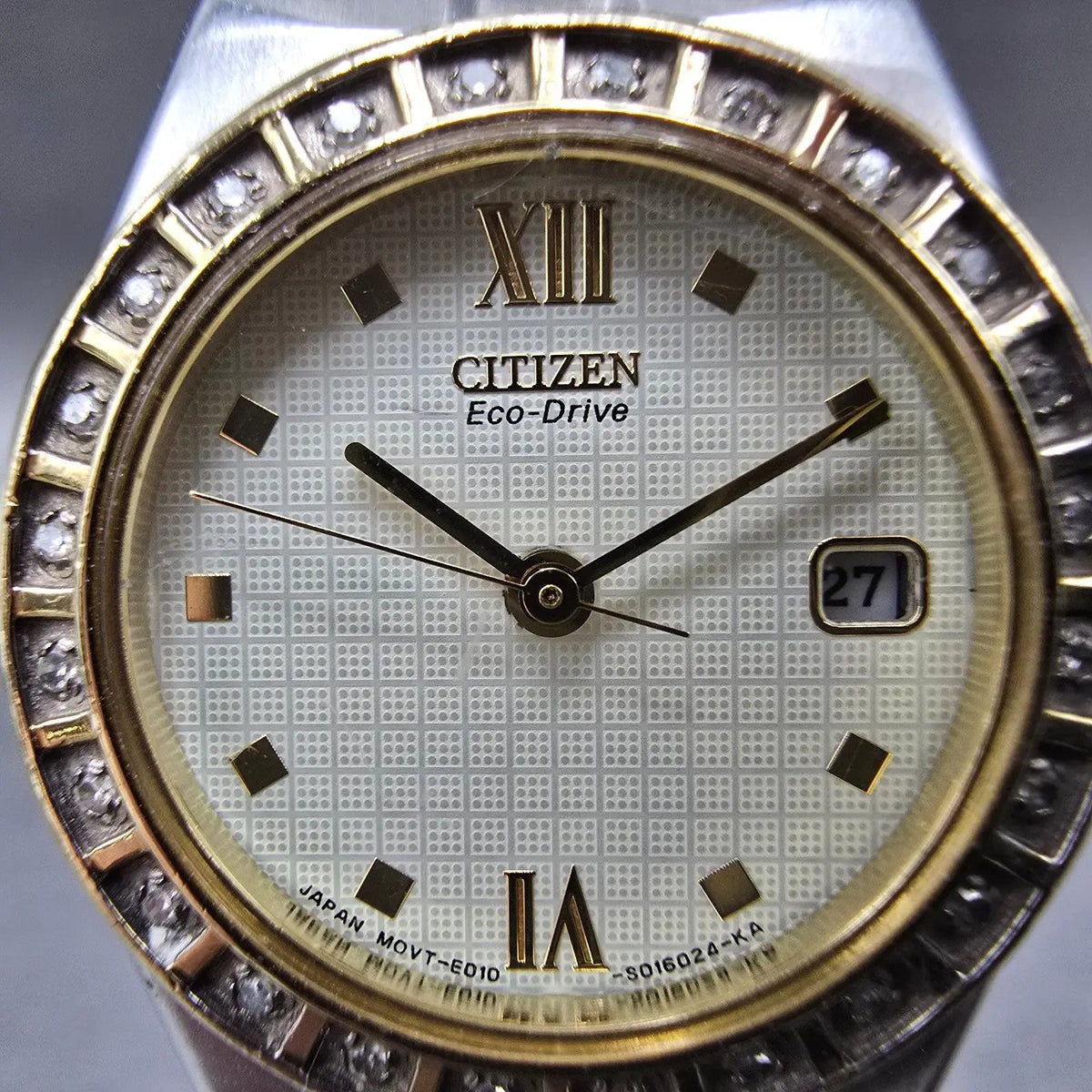 Citizen Eco-Drive Watch Women 25mm White Dial Two Tone Date Diamond Bezel Works1