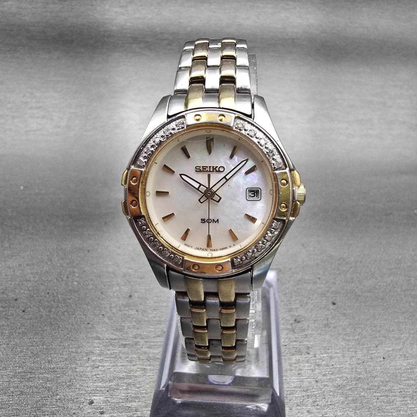Seiko Watch Women 27mm MOP Dial Two Tone Date 7N82-0HL0 New Battery VTG Diamonds0