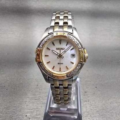 Seiko Watch Women 27mm MOP Dial Two Tone Date 7N82-0HL0 New Battery VTG Diamonds0