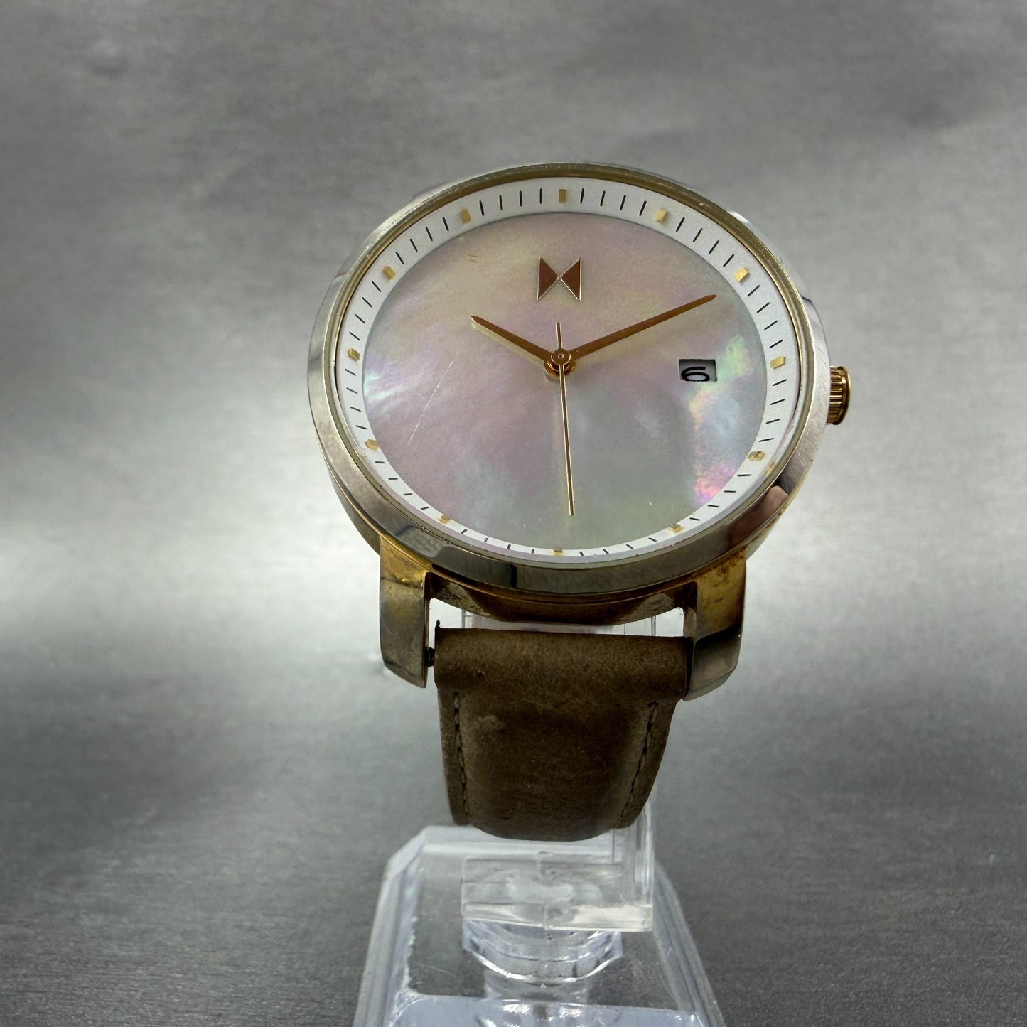 MVMT Boulevard Watch Women 38mm MOP Dial Gold Tone Date Leather New Battery5