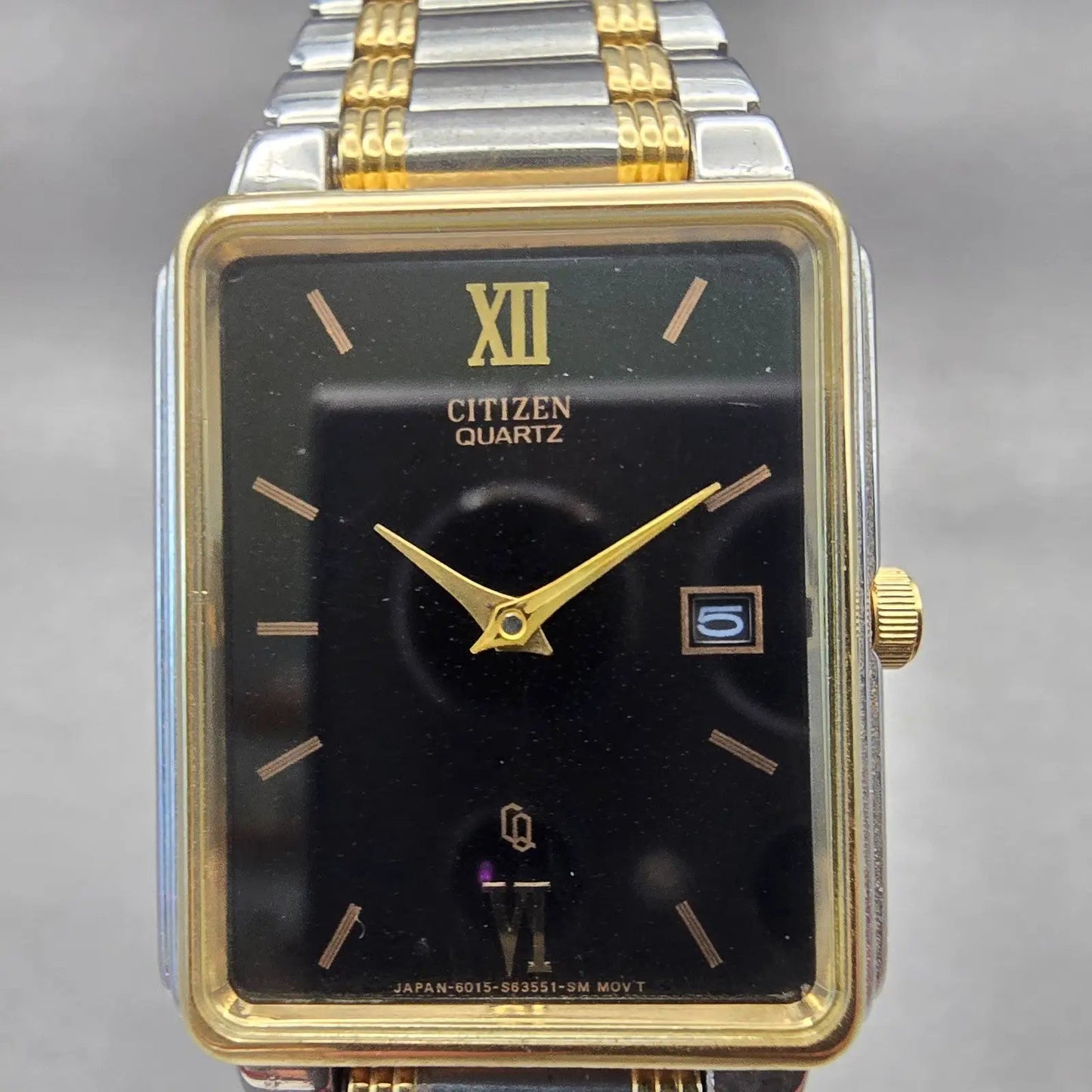 Citizen Tank Watch Men 25mm Black Dial Two Tone Date Rectangle 6015 New Battery1