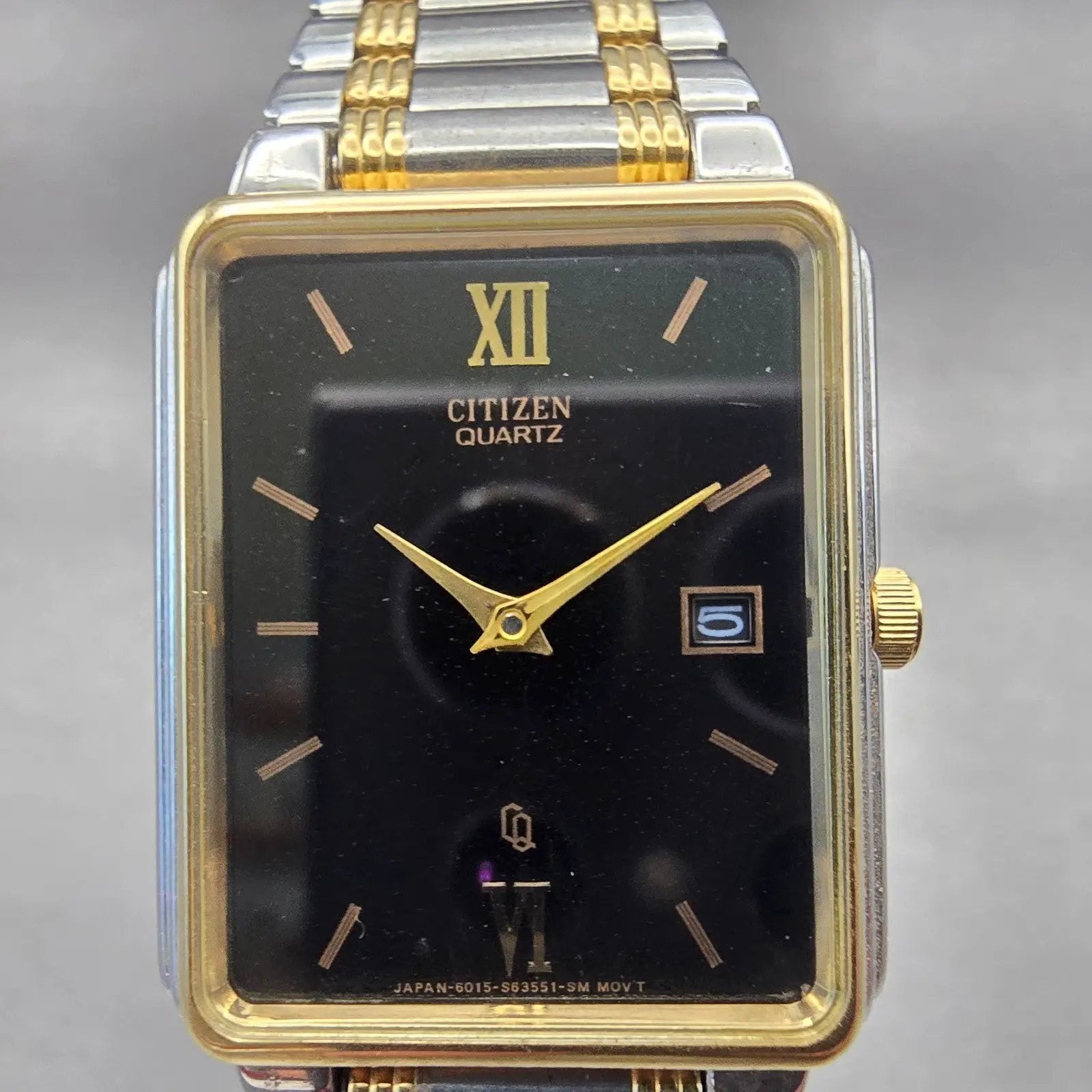 Citizen Tank Watch Men 25mm Black Dial Two Tone Date Rectangle 6015 New Battery1