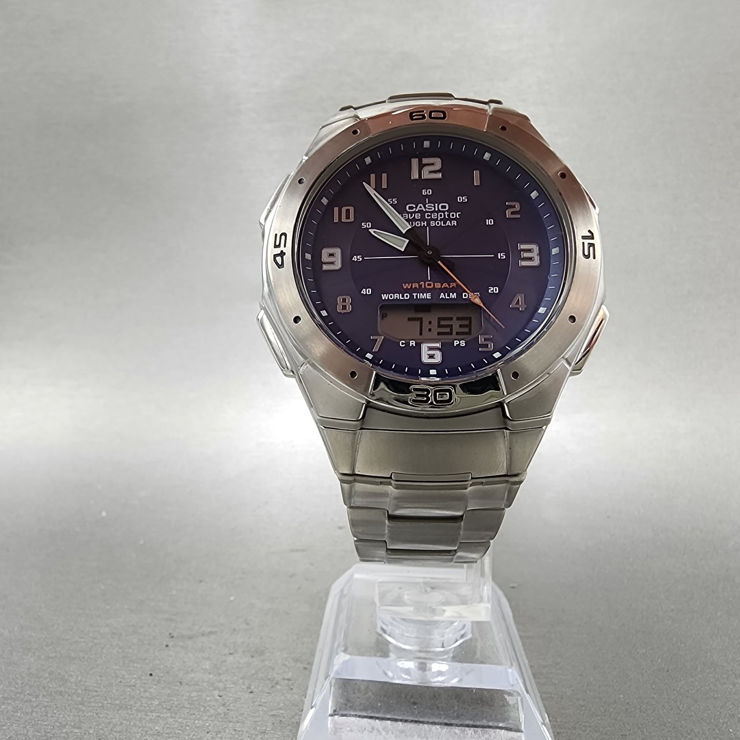 Casio Wave Ceptor Solar Watch Men 42mm Blue Dial Analog Digital Steel Runs5
