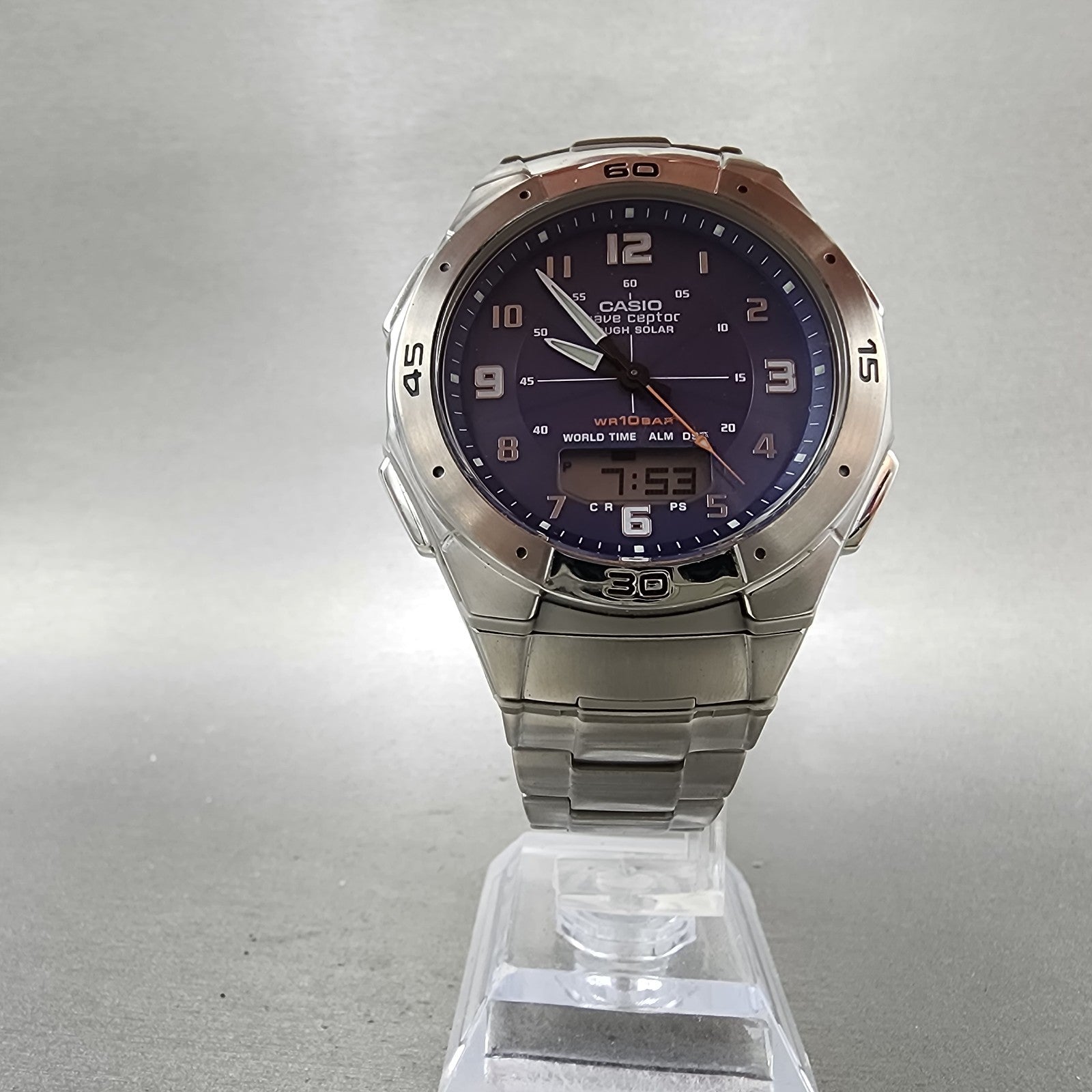Casio Wave Ceptor Solar Watch Men 42mm Blue Dial Analog Digital Steel Runs5