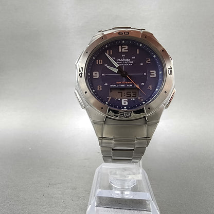 Casio Wave Ceptor Solar Watch Men 42mm Blue Dial Analog Digital Steel Runs5