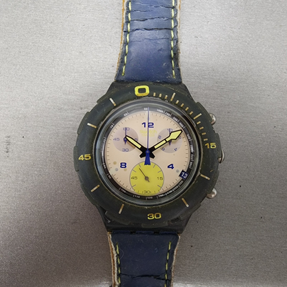 Swatch Aqua Chrono Free Dive Watch Men 43mm Cream Dial Blue Tone Date READ! Runs0