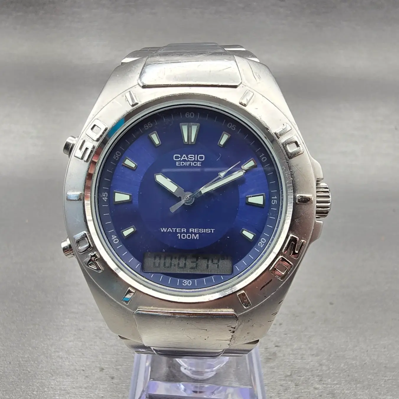 Casio Edifice Watch Men 43mm Blue Dial Silver Tone Daydate Round EFA-106 New Bat0
