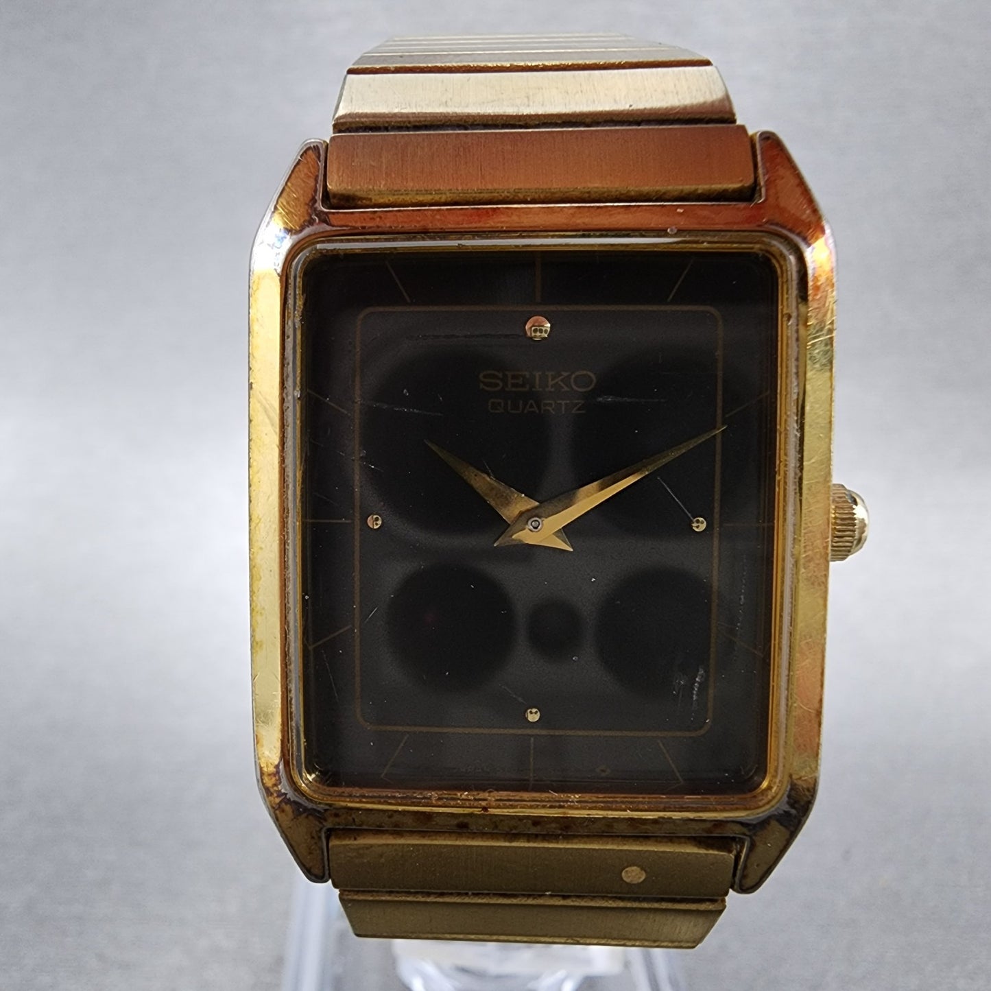 Seiko Tank Watch Men 25mm Black Dial Gold Tone 5Y005000 Rectangle New Battery1