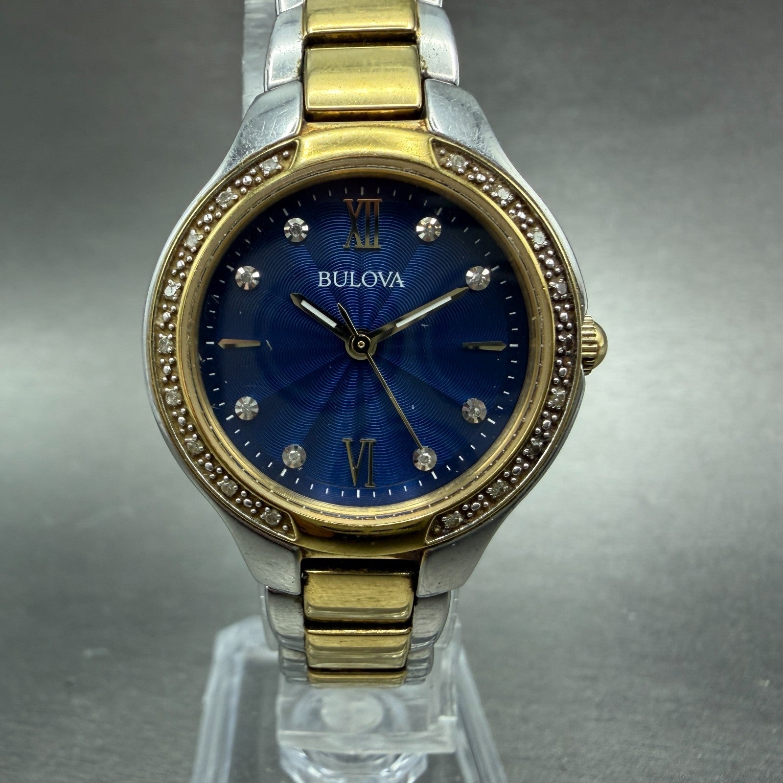 Bulova Watch Women 28mm Blue Dial Two Tone Round 98R223 Diamond Bezel New Batt0