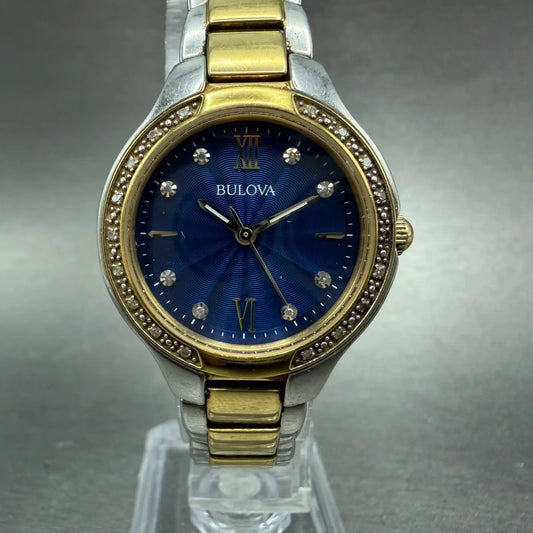 Bulova Watch Women 28mm Blue Dial Two Tone Round 98R223 Diamond Bezel New Batt0
