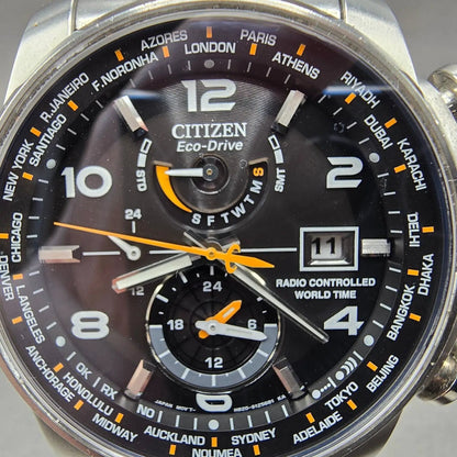 Citizen Eco-Drive World Time Watch Men 46mm Black Dial Steel Daydate Works1