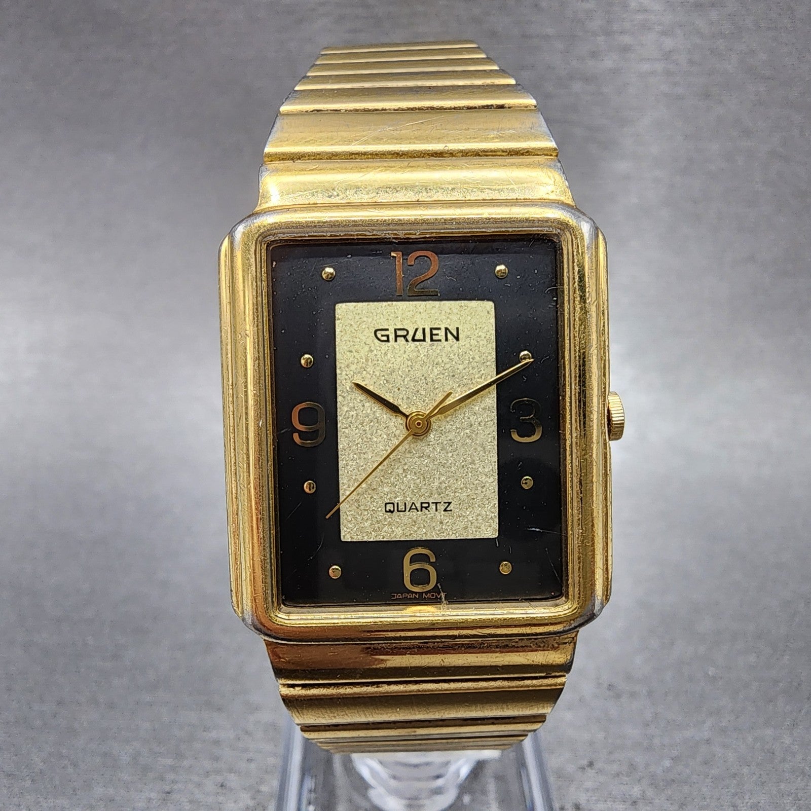Gruen Tank Watch Women 27mm Gold Dial Gold Tone Rectangle New Battery0