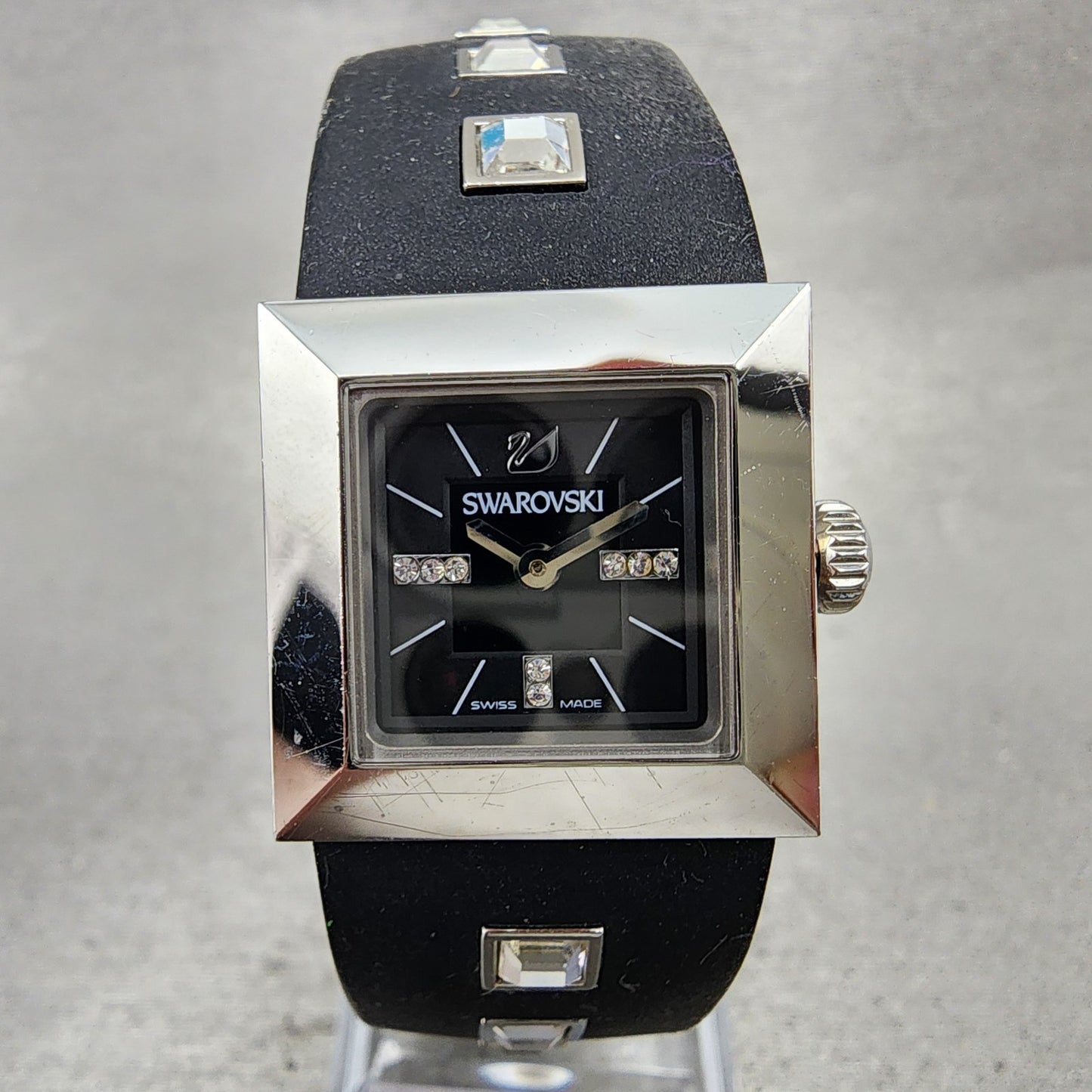 Swarovski Elis Tank Watch Women 23mm Black Dial Silver Tone Square New Battery1