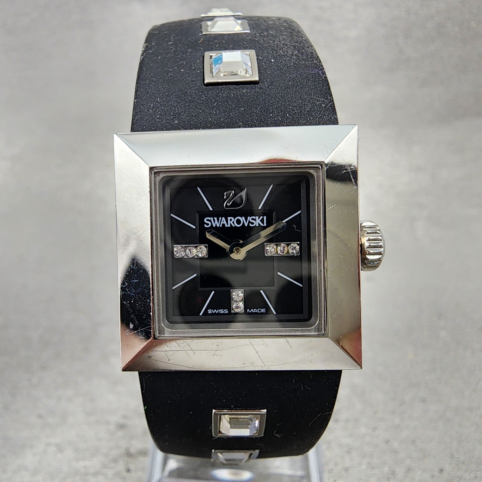 Swarovski Elis Tank Watch Women 23mm Black Dial Silver Tone Square New Battery1