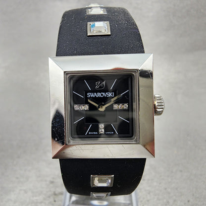 Swarovski Elis Tank Watch Women 23mm Black Dial Silver Tone Square New Battery1