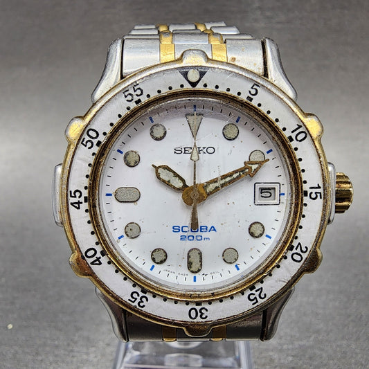 Seiko Scuba Watch Men 38mm White Dial Two Tone Date 5h25-6020 New Battery
