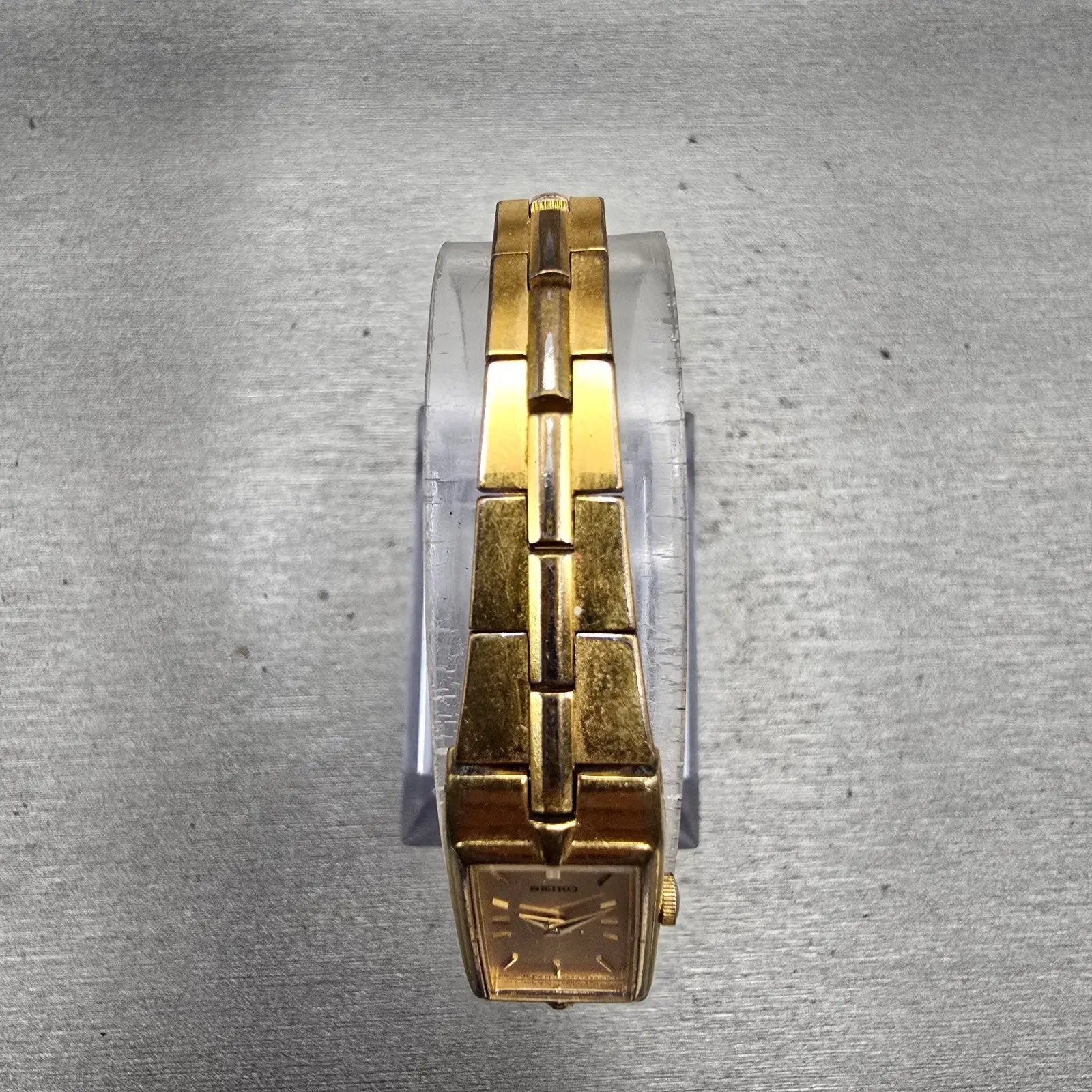 Seiko Watch Women 13mm Gold Dial Gold Tone Rectangle 2E20-7479 New Battery VTG4