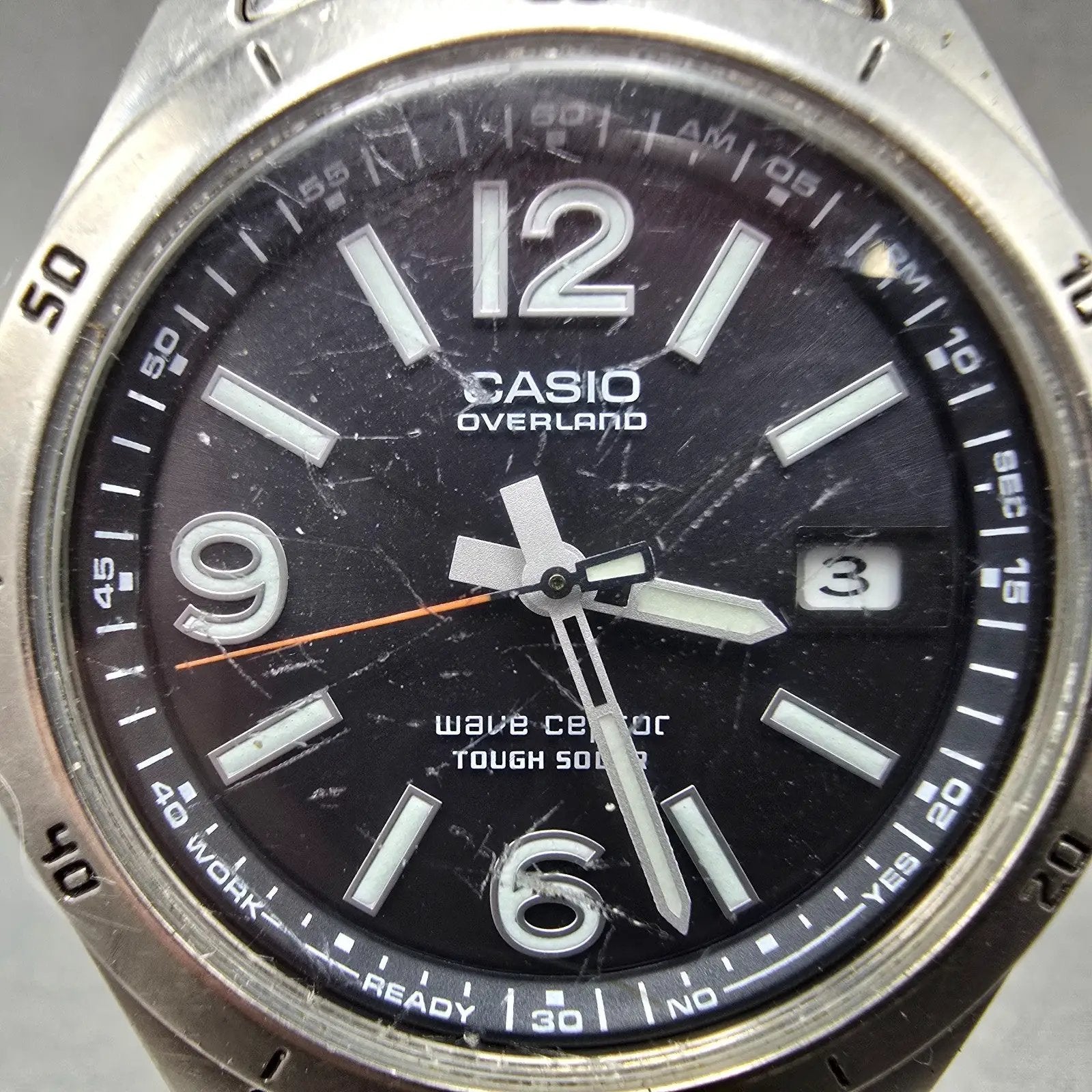 Casio Overland Wave Watch Men 42mm Black Dial Titanium Date Solar Round READ!!!!2