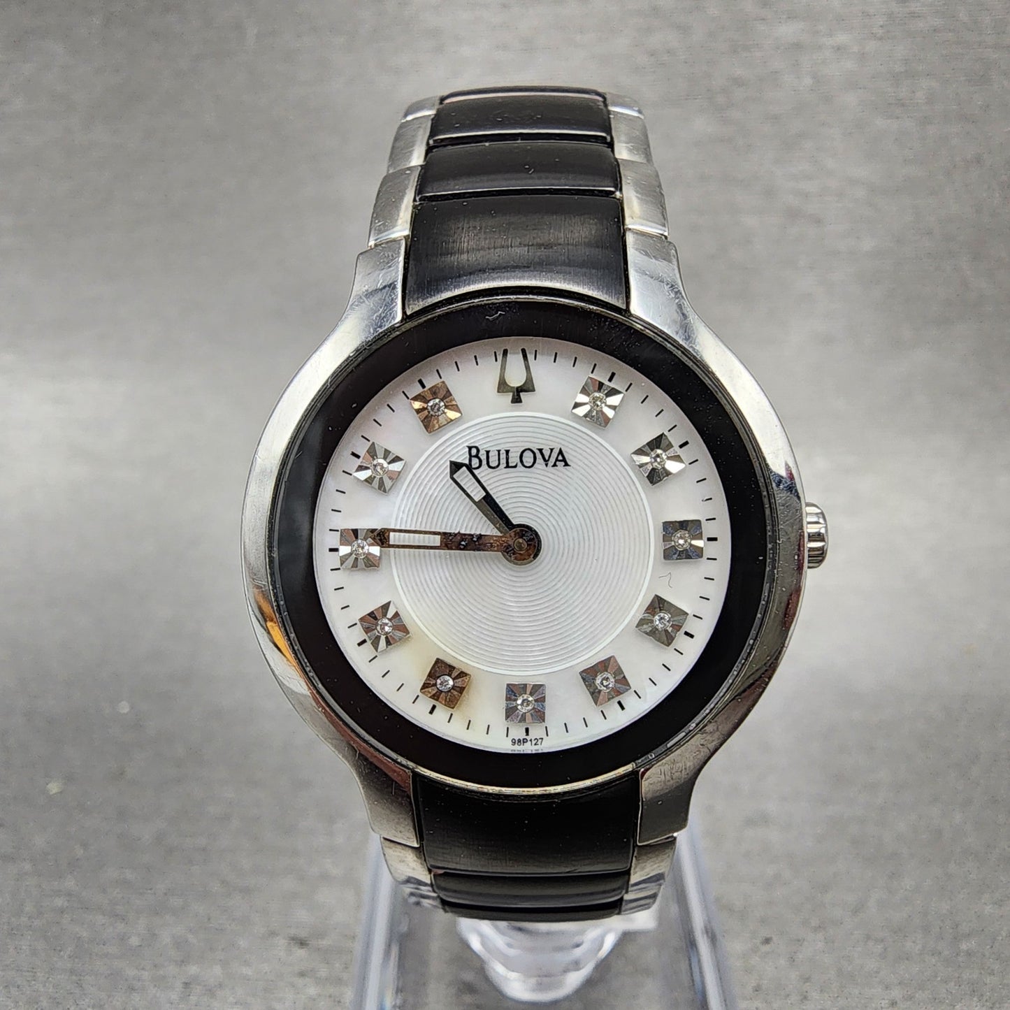 Bulova Diamond Watch Women 28mm MOP Dial Black Silver Tone Round 98P127 PARTS0