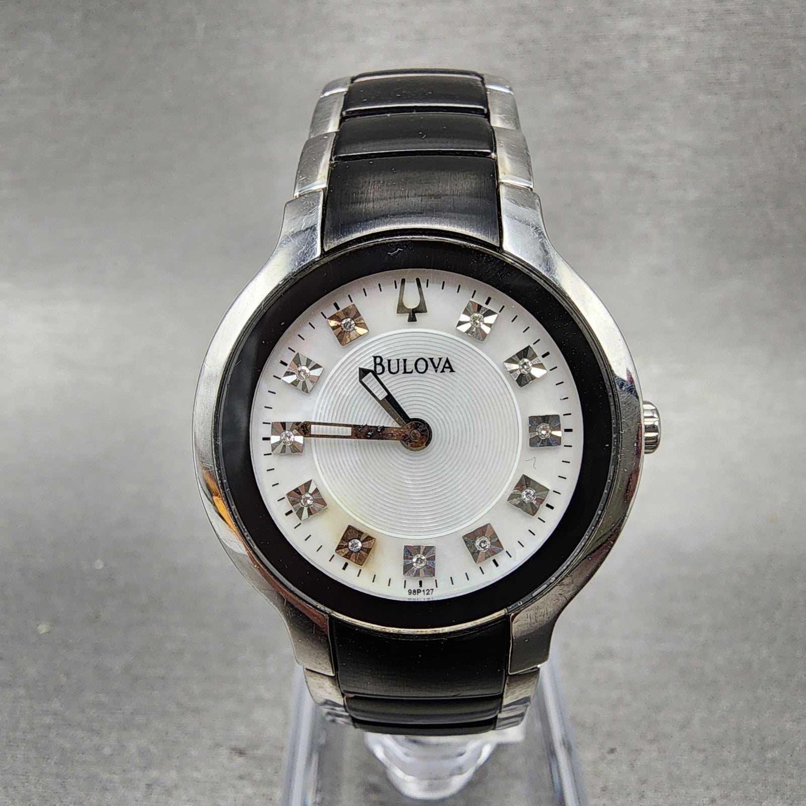 Bulova Diamond Watch Women 28mm MOP Dial Black Silver Tone Round 98P127 PARTS0