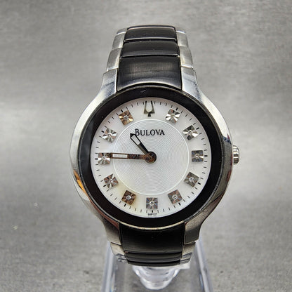 Bulova Diamond Watch Women 28mm MOP Dial Black Silver Tone Round 98P127 PARTS0