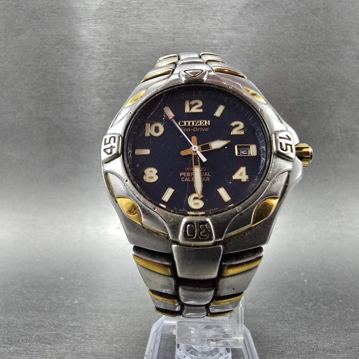 Citizen Eco-Drive Perpetual Calendar Watch Men 40mm Blue Dial Two Tone Date E7105