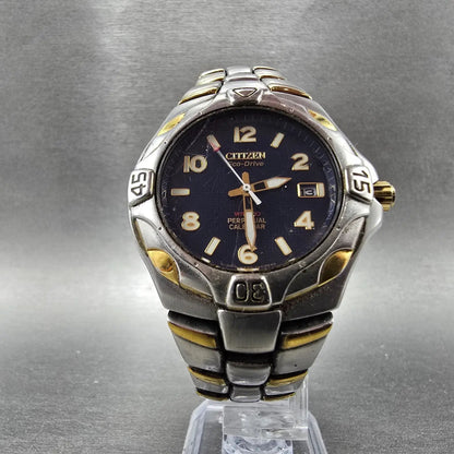 Citizen Eco-Drive Perpetual Calendar Watch Men 40mm Blue Dial Two Tone Date E7105