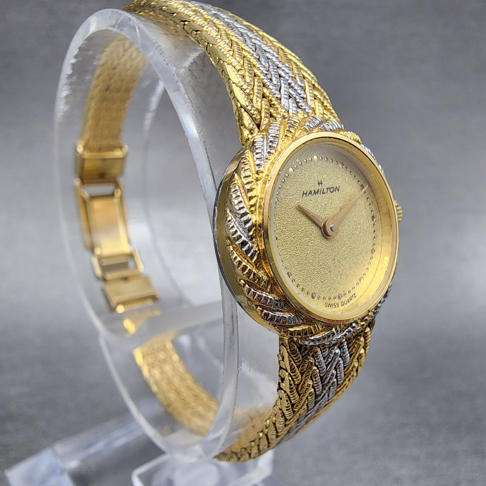 Hamilton Watch Women 19mm Gold Dial Two Tone Round Mesh Band  New Battery3
