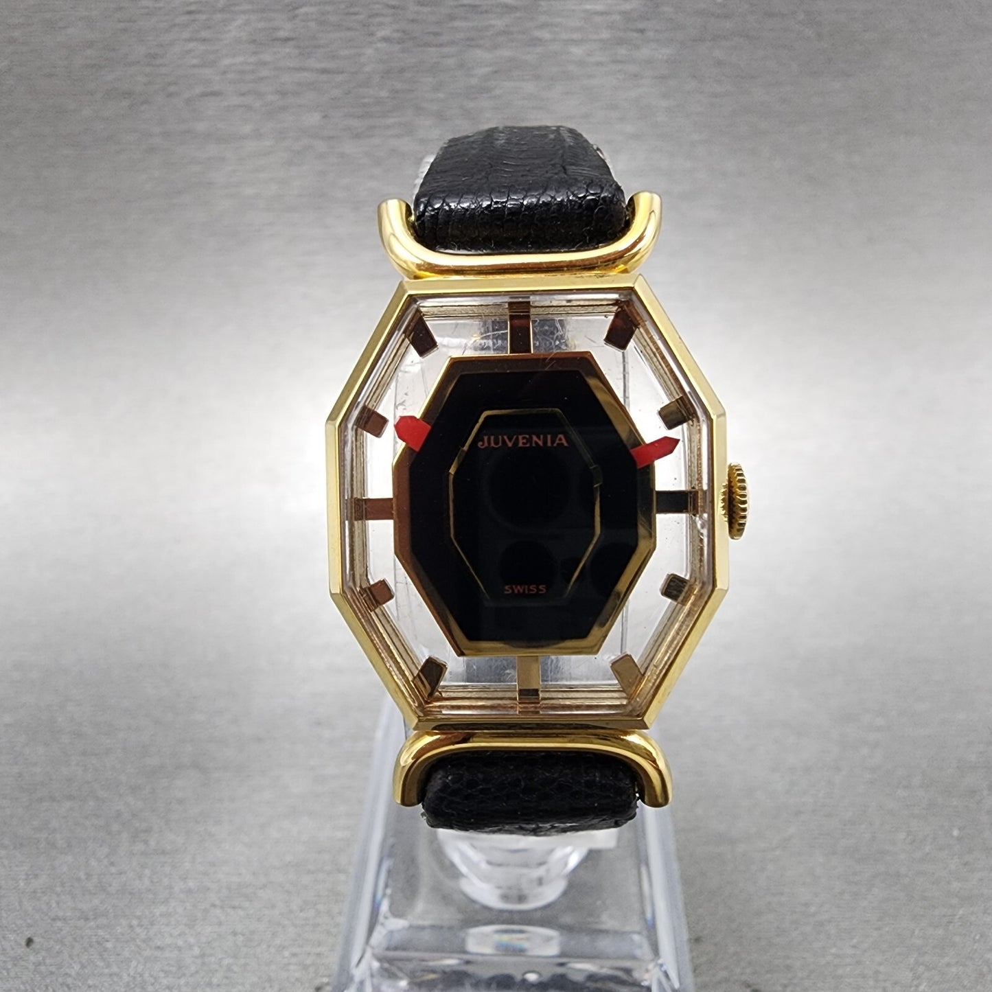 Juvenia Mystery Dial Watch Women 23mm Black Dial Gold Plated Octagon Manual Wind0
