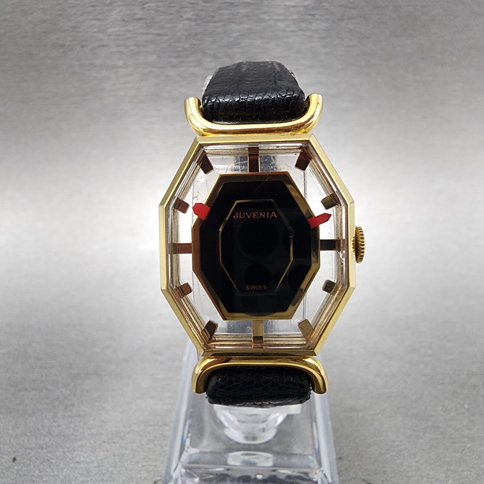 Juvenia Mystery Dial Watch Women 23mm Black Dial Gold Plated Octagon Manual Wind0