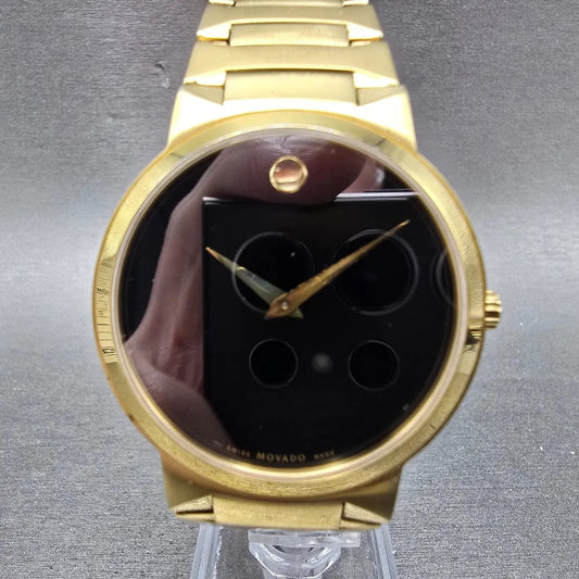 Movado Temo Watch Men 38mm Black Dial Gold Tone READ!!! 59.1.19.1319 New Battery0