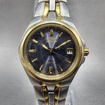Citizen EcoDrive Watch Women 24mm Blue Dial Two Tone Date E011K15711 Runs0