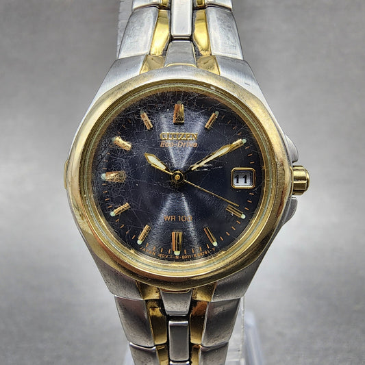 Citizen EcoDrive Watch Women 24mm Blue Dial Two Tone Date E011K15711 Runs0