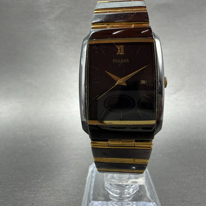 Seiko Pulsar Tank Watch Men 26mm Black Dial Black & Gold Tone Date New Bat5